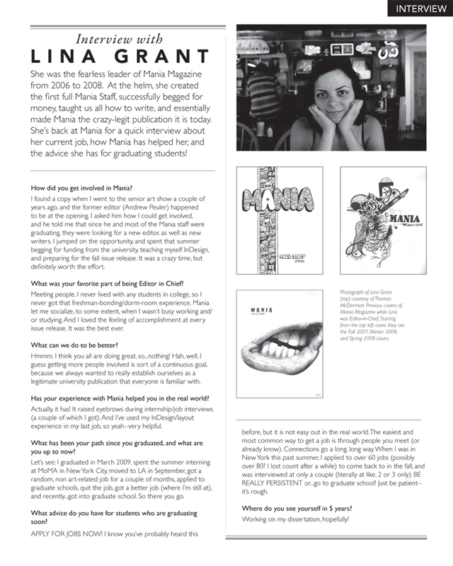 Page layout for an interview with a previous Mania Magazine Editor-in-Chief