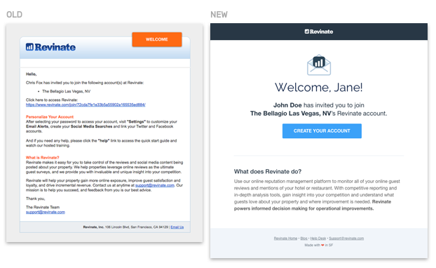 Images of the old and new Invite Email designs