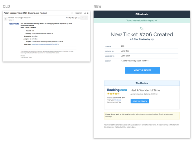 New and old ticket emails