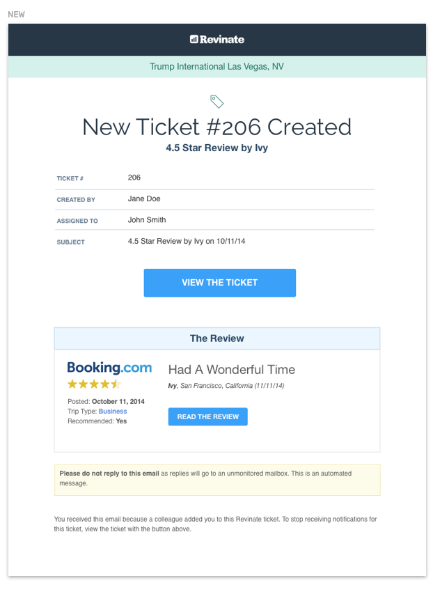 Example of a new ticket email